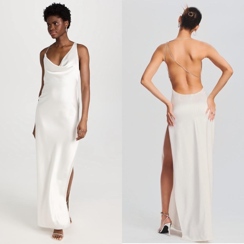 NWT RETROFETE Satin Asymmetric Crystal Chain Strap Draped Neck Open Back Gown S - Picture 10 of 13